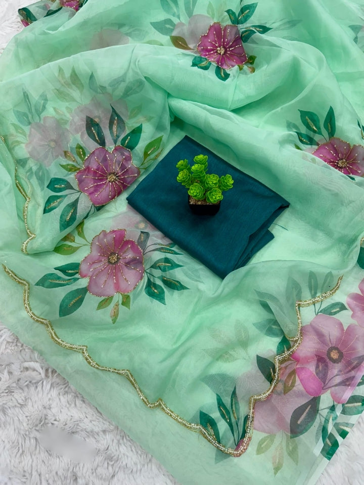 One Minute Ready To Wear Floral Blossom Green Soft Silk Saree