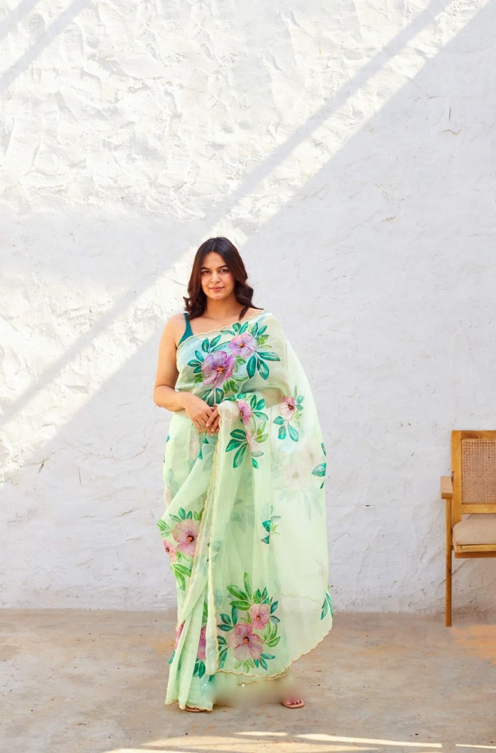 One Minute Ready To Wear Floral Blossom Green Soft Silk Saree