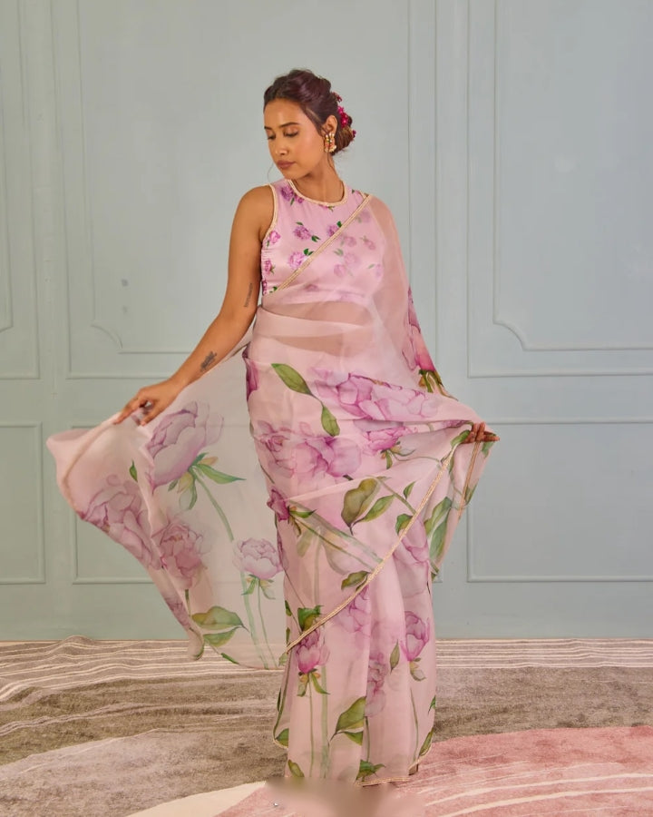 One Minute Ready To Wear Light Pink Inimitable Organza Silk Saree