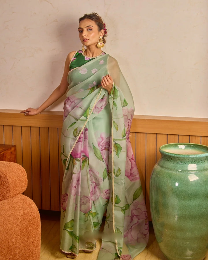 One Minute Ready To Wear Pista Green Inimitable Organza Silk Saree