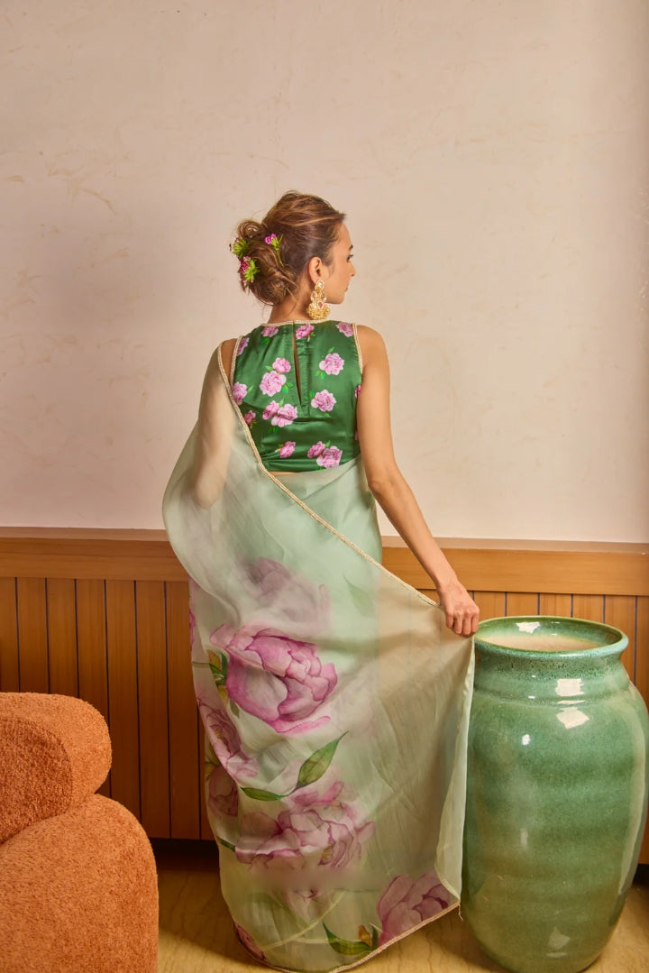 One Minute Ready To Wear Pista Green Inimitable Organza Silk Saree