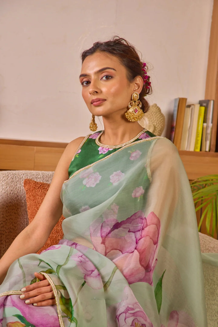One Minute Ready To Wear Pista Green Inimitable Organza Silk Saree