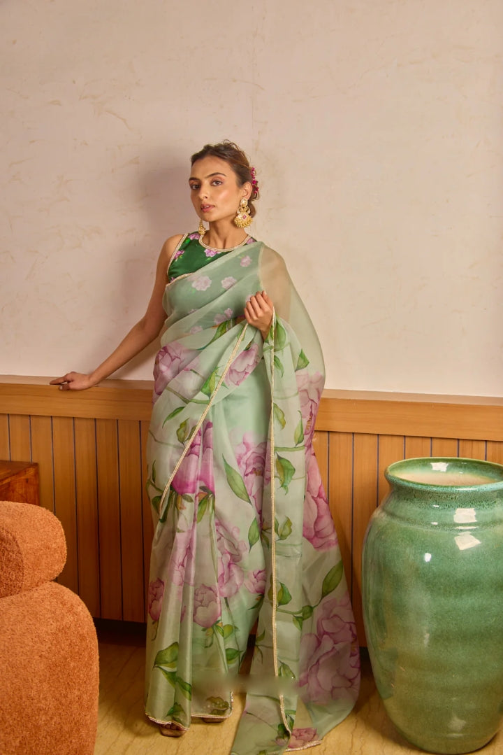 One Minute Ready To Wear Pista Green Inimitable Organza Silk Saree