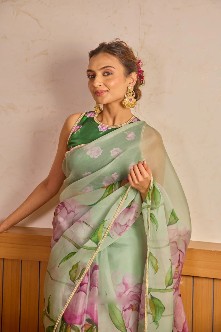 One Minute Ready To Wear Pista Green Inimitable Organza Silk Saree