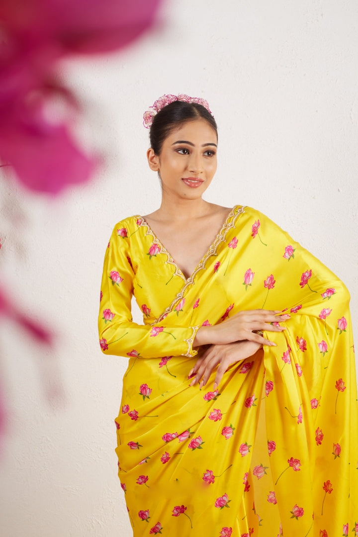 One Minute Ready To Wear Yellow Floral Printed Mirror Work Saree With Stitch Blouse
