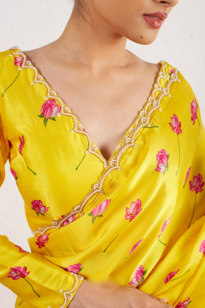 One Minute Ready To Wear Yellow Floral Printed Mirror Work Saree With Stitch Blouse