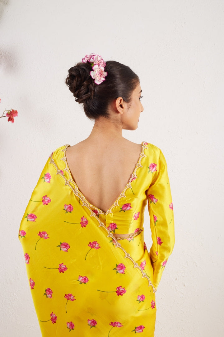 One Minute Ready To Wear Yellow Floral Printed Mirror Work Saree With Stitch Blouse