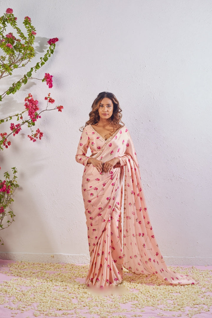 One Minute Ready To Wear Peach Floral Printed Mirror Work Saree With Stitch Blouse