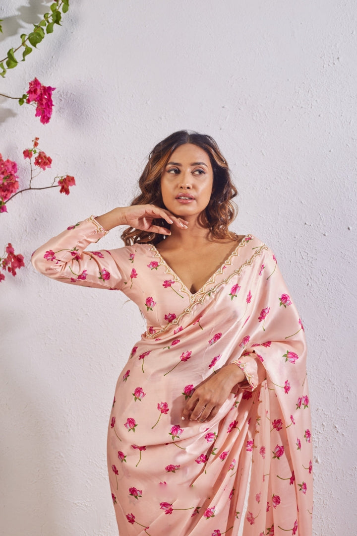 One Minute Ready To Wear Peach Floral Printed Mirror Work Saree With Stitch Blouse
