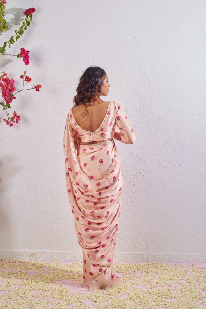 One Minute Ready To Wear Peach Floral Printed Mirror Work Saree With Stitch Blouse