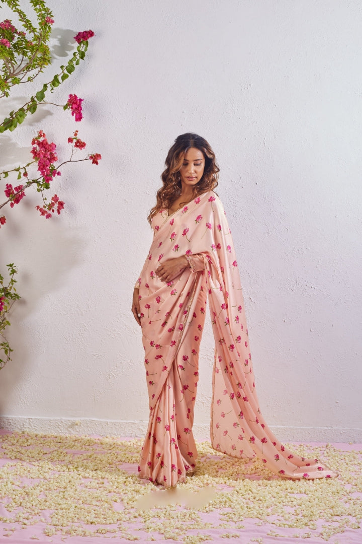 One Minute Ready To Wear Peach Floral Printed Mirror Work Saree With Stitch Blouse