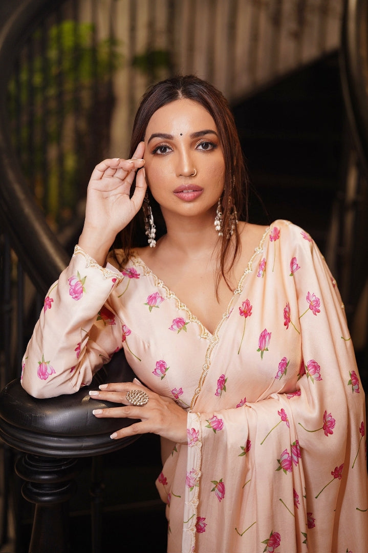 One Minute Ready To Wear Peach Floral Printed Mirror Work Saree With Stitch Blouse