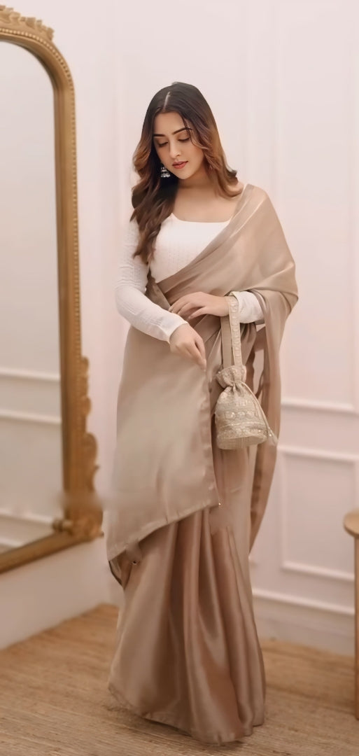 One Minute Ready To Wear Girlish Brown Fancy Fandy Silk Two Tone Saree With Stitch Blouse
