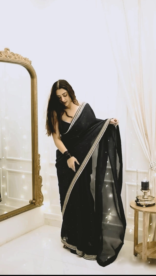 One Minute Ready To Wear Premium Women's Black Silk Georgette Moti Worked Bordered Saree With Stitch Blouse