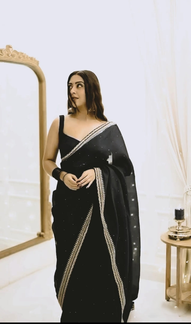 One Minute Ready To Wear Premium Women's Black Silk Georgette Moti Worked Bordered Saree With Stitch Blouse
