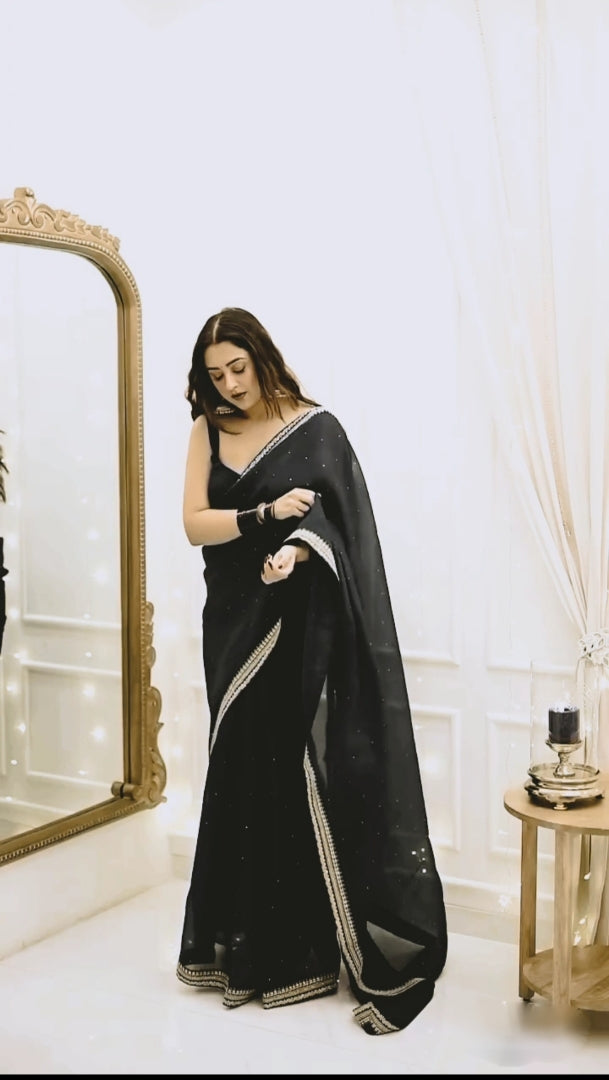 One Minute Ready To Wear Premium Women's Black Silk Georgette Moti Worked Bordered Saree With Stitch Blouse