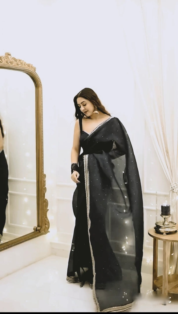 One Minute Ready To Wear Premium Women's Black Silk Georgette Moti Worked Bordered Saree With Stitch Blouse