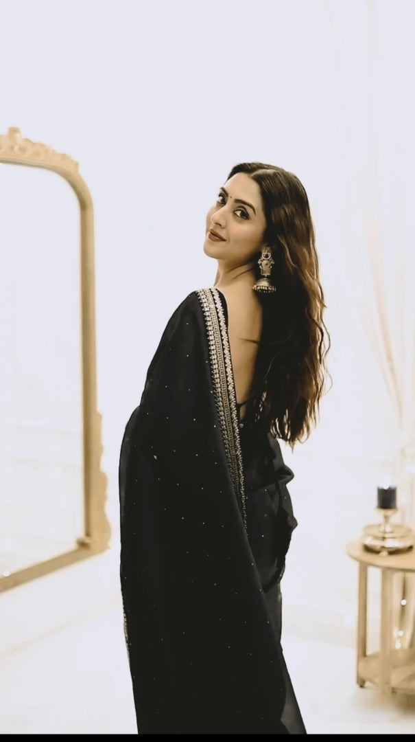 One Minute Ready To Wear Premium Women's Black Silk Georgette Moti Worked Bordered Saree With Stitch Blouse