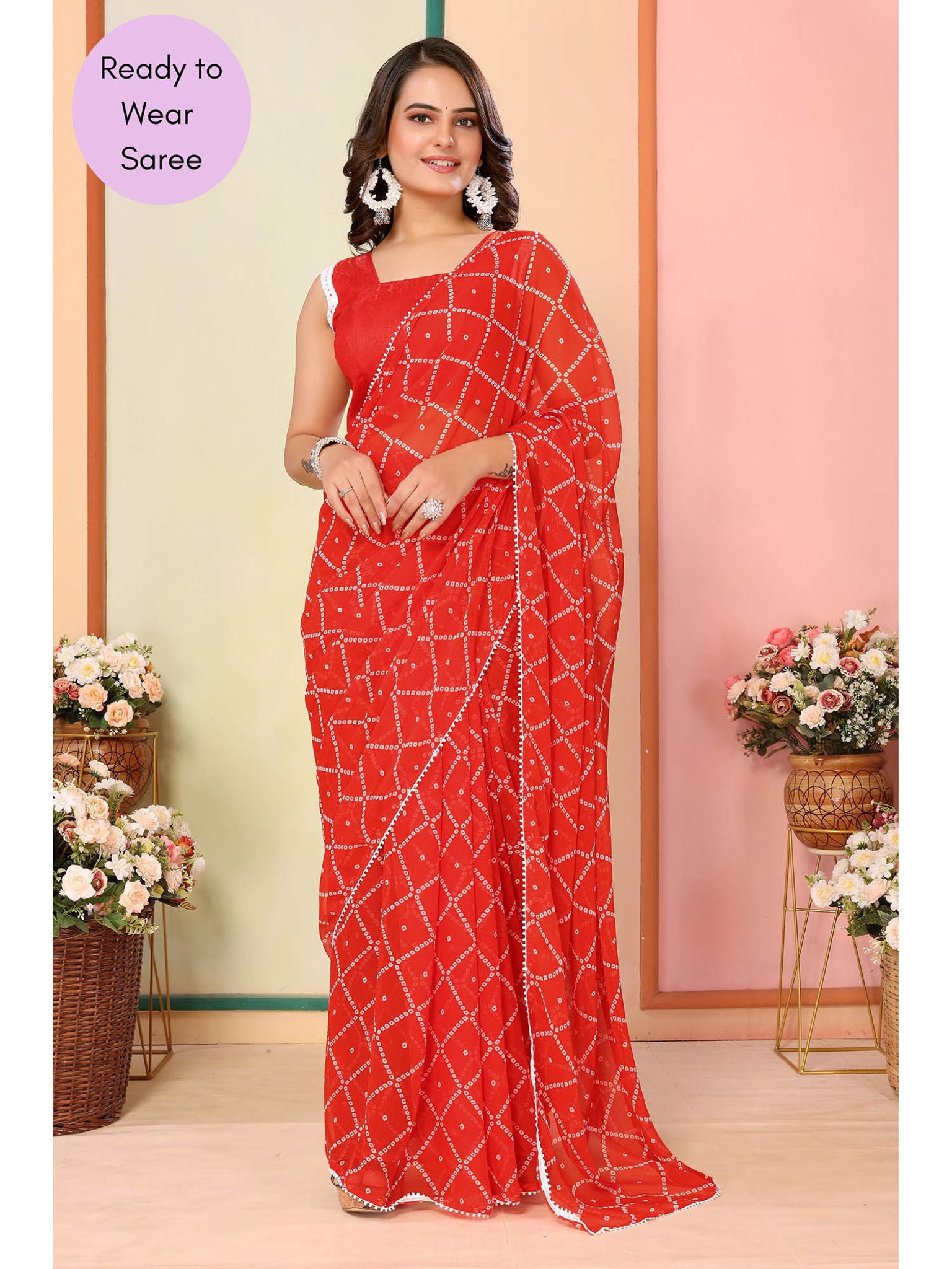 One Minute Ready To Wear Red Women's Georgette Saree