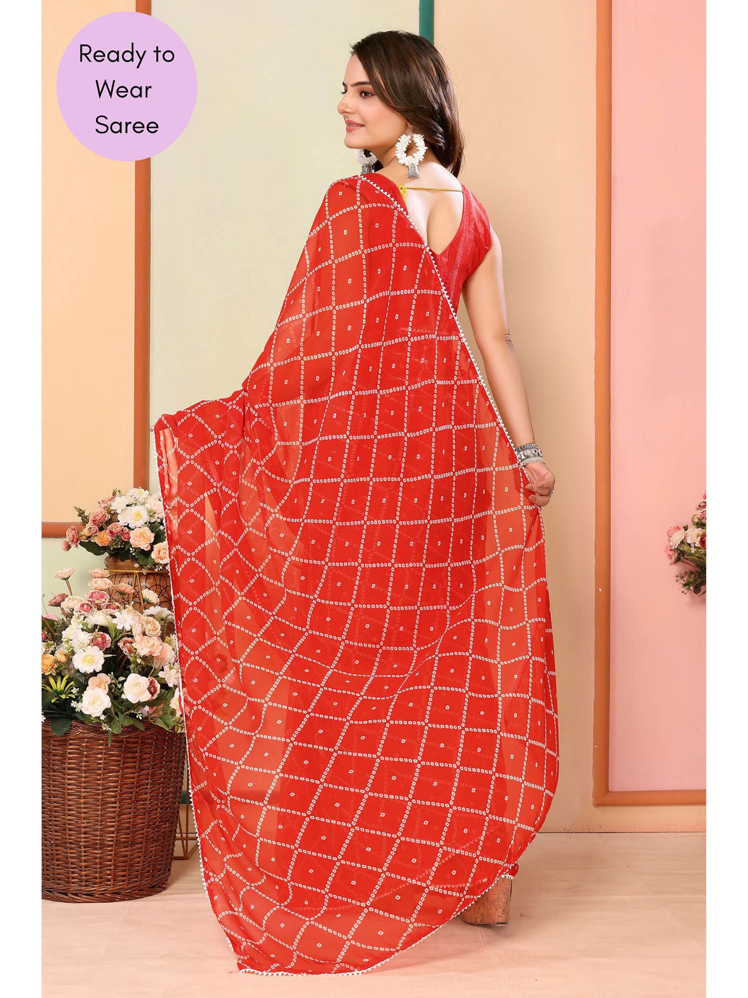 One Minute Ready To Wear Red Women's Georgette Saree