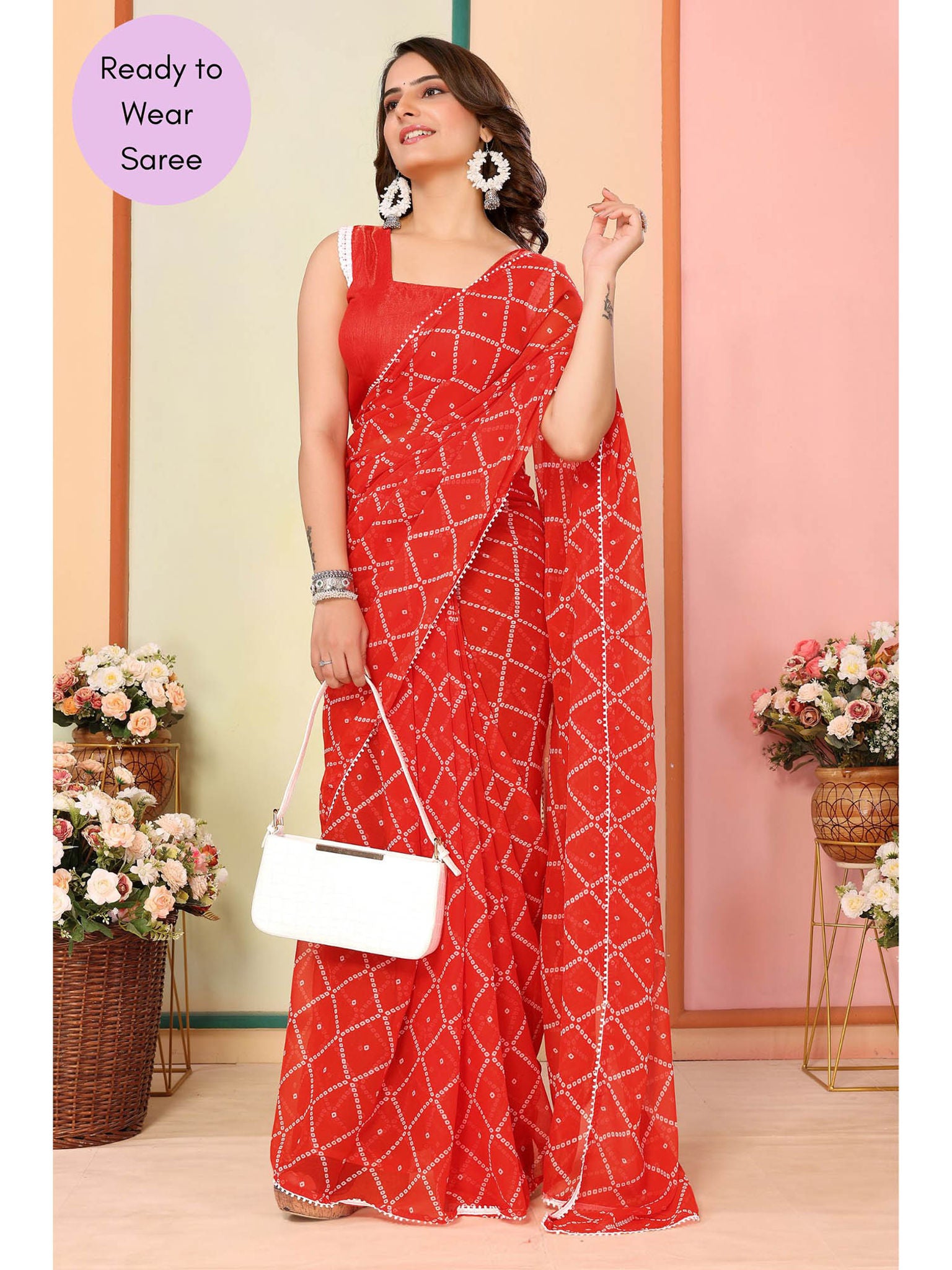 One Minute Ready To Wear Red Women's Georgette Saree