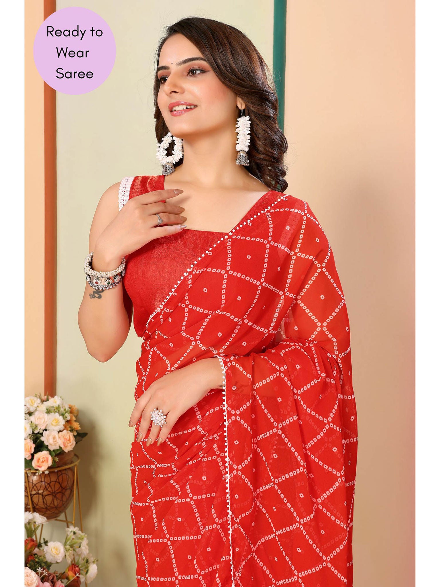 One Minute Ready To Wear Red Women's Georgette Saree