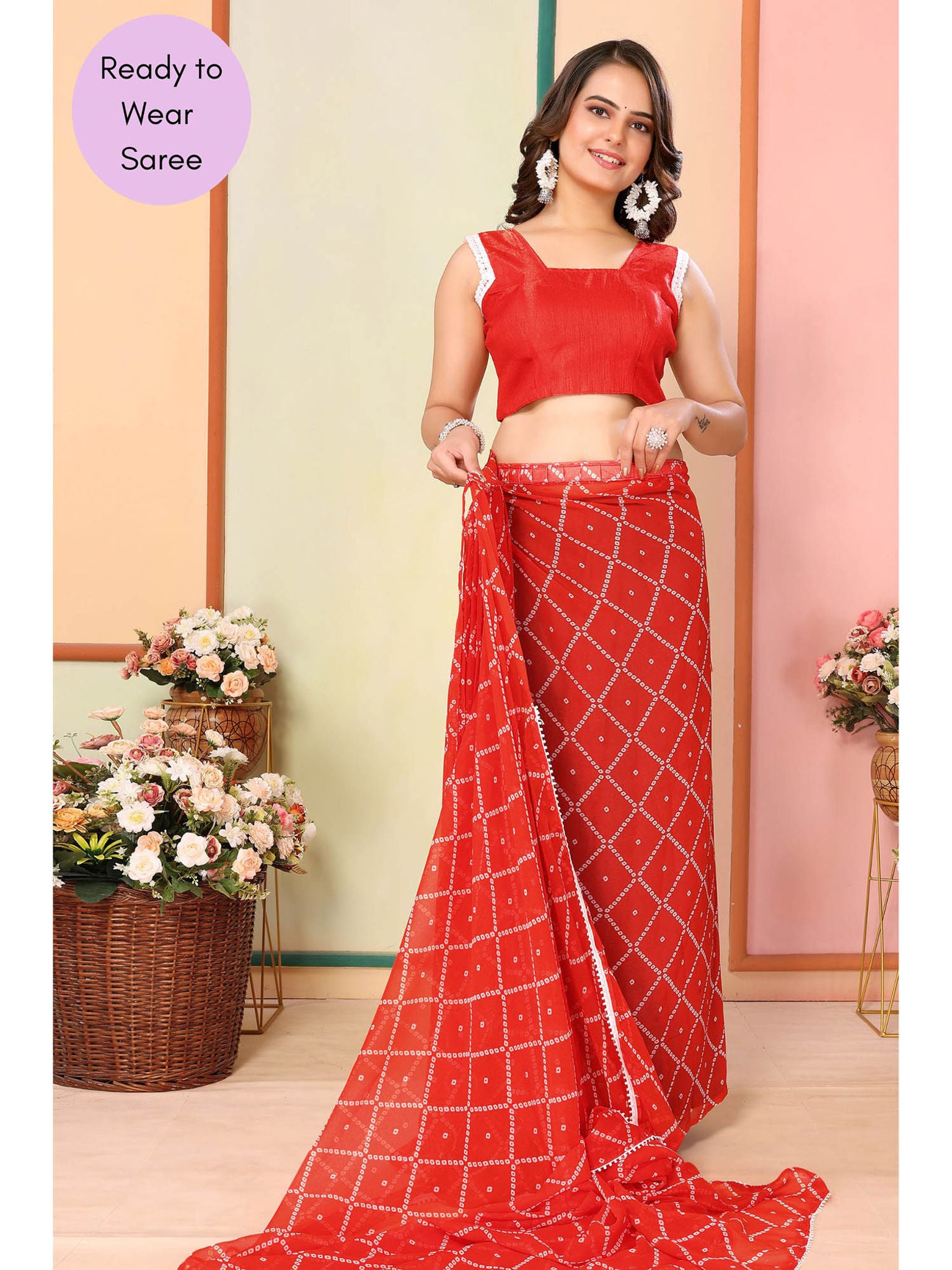 One Minute Ready To Wear Red Women's Georgette Saree