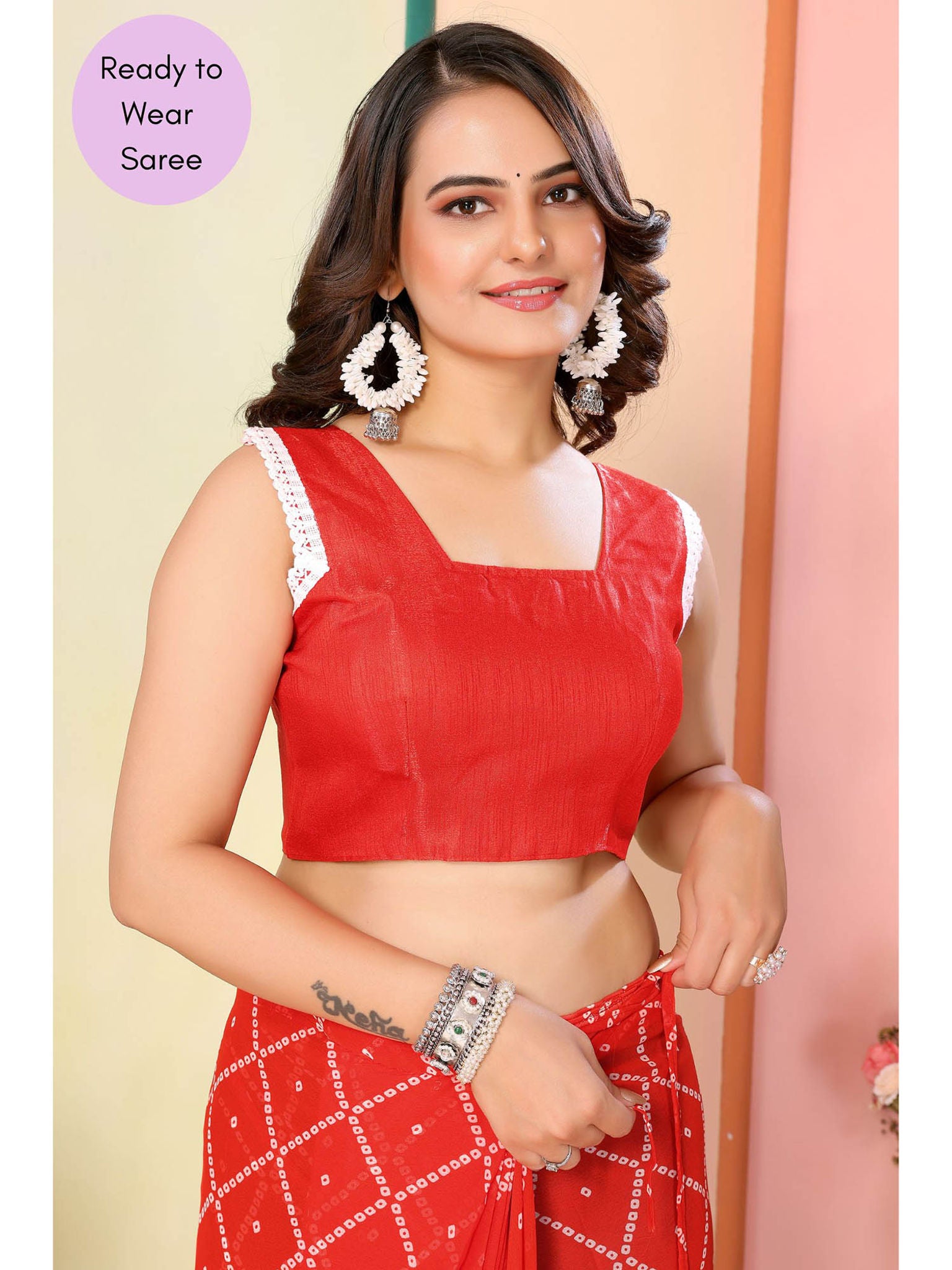 One Minute Ready To Wear Red Women's Georgette Saree