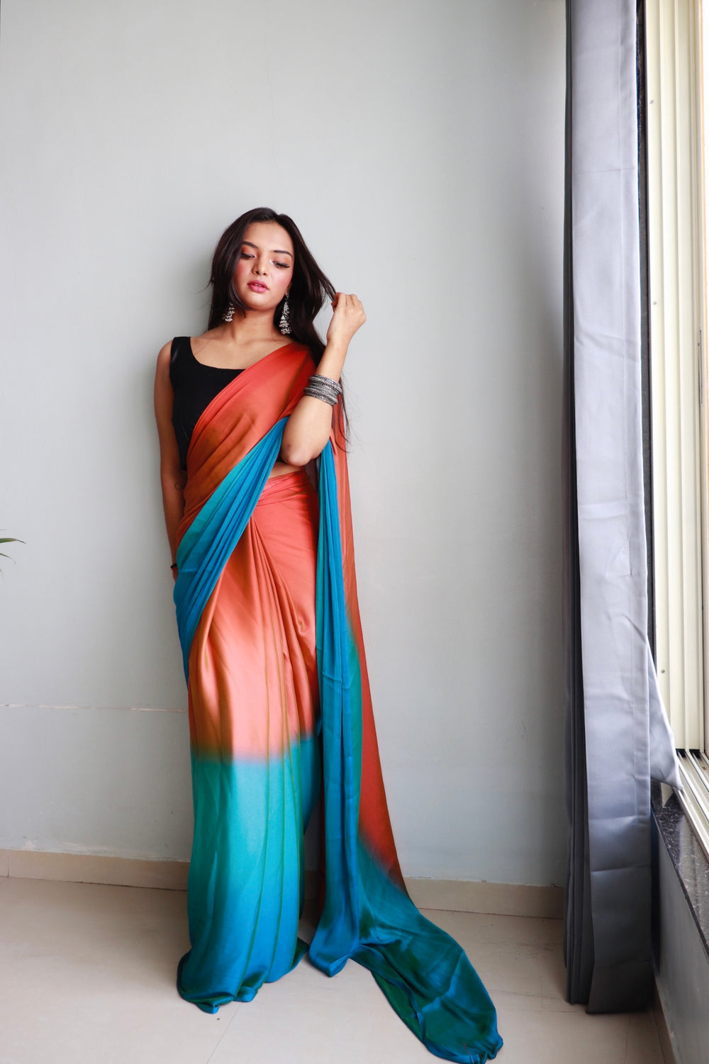One Minute Ready To Wear Orange & Blue Chiffon Silk Saree