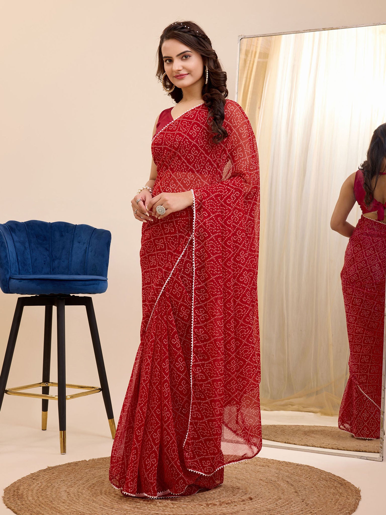 One Minute Ready To Wear Red Women Striped Saree