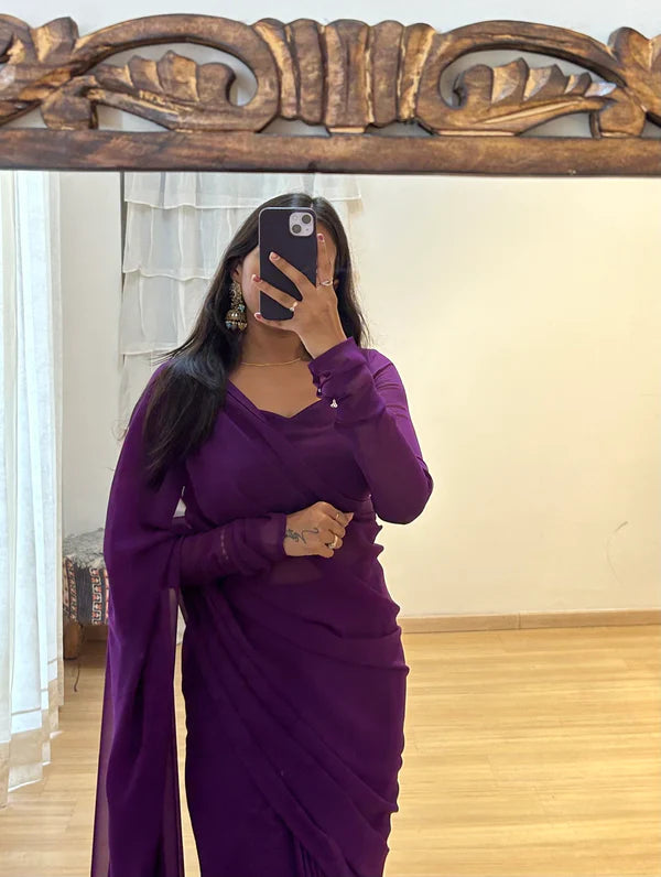 One Minute Ready To Wear Women's Party Purple Plain Georgette Saree