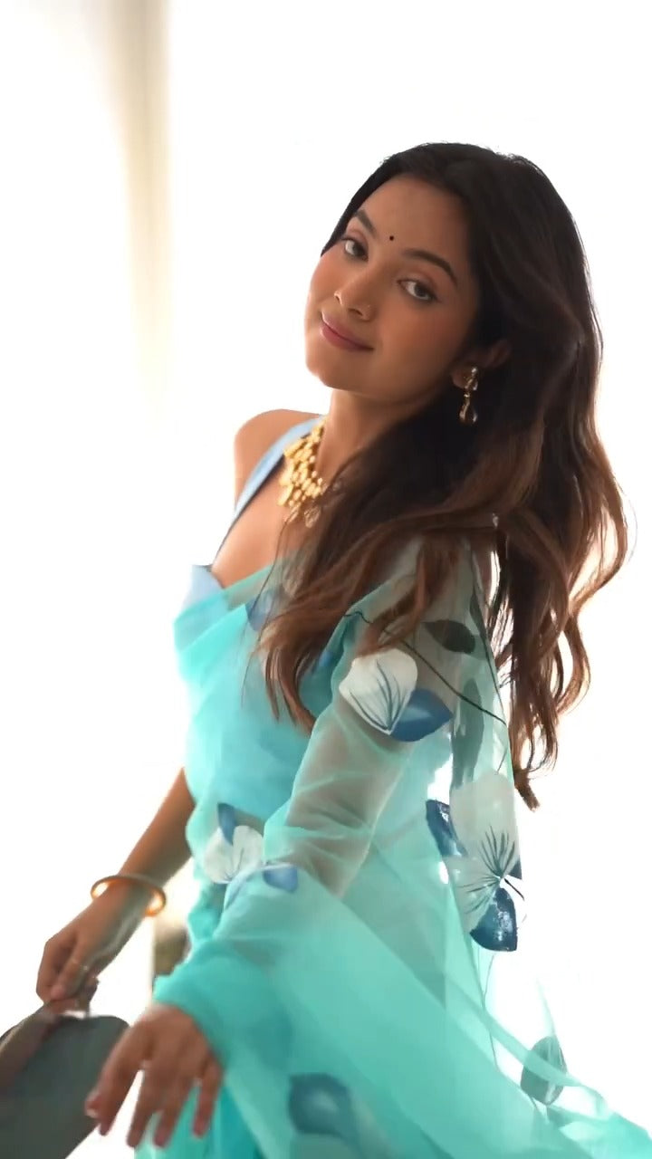 One Minute Ready To Wear Pretty Sky Blue Color Soft Organza Silk