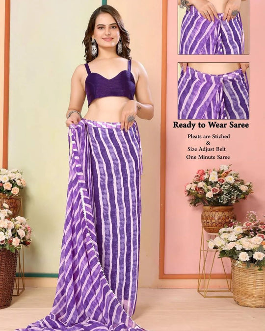 One Minute Ready To Wear Printed Purple Embroidered Pure Georgette Leheriya Saree