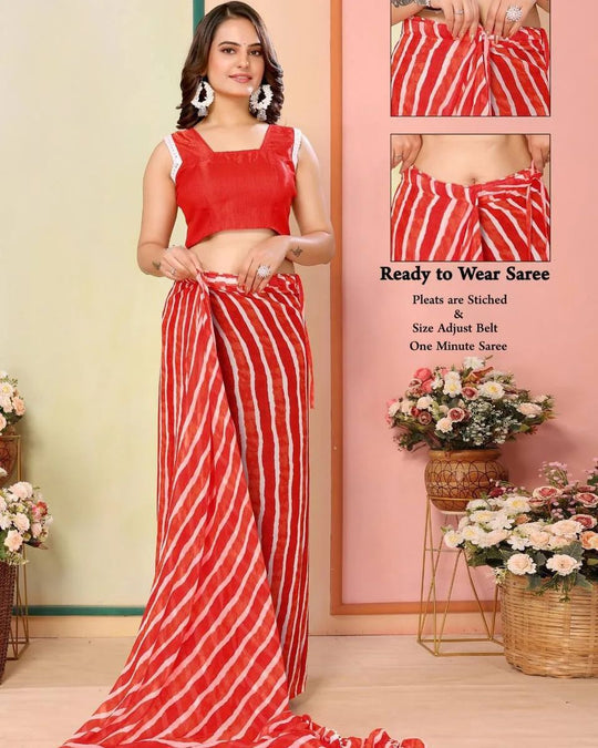 One Minute Ready To Wear Printed Orange Embroidered Pure Georgette Leheriya Saree