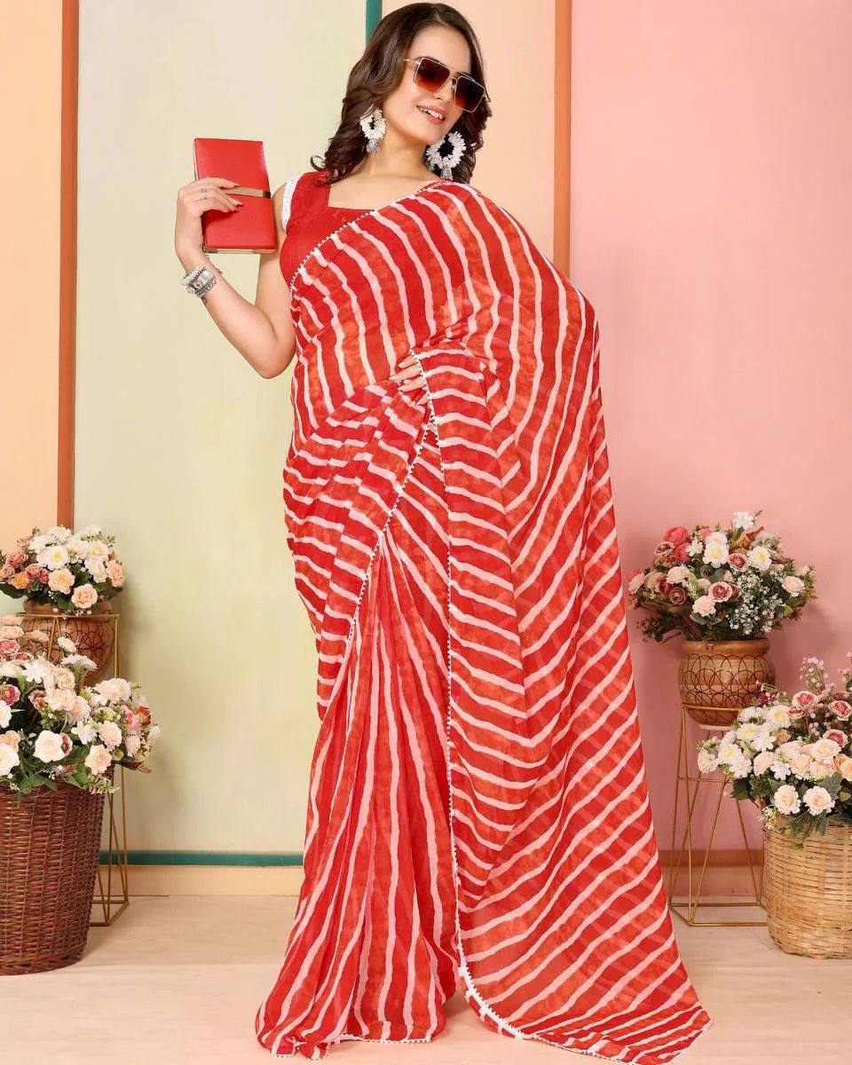 One Minute Ready To Wear Printed Orange Embroidered Pure Georgette Leheriya Saree