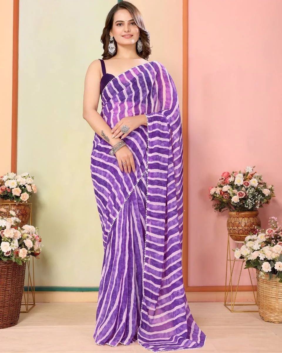 One Minute Ready To Wear Printed Purple Embroidered Pure Georgette Leheriya Saree