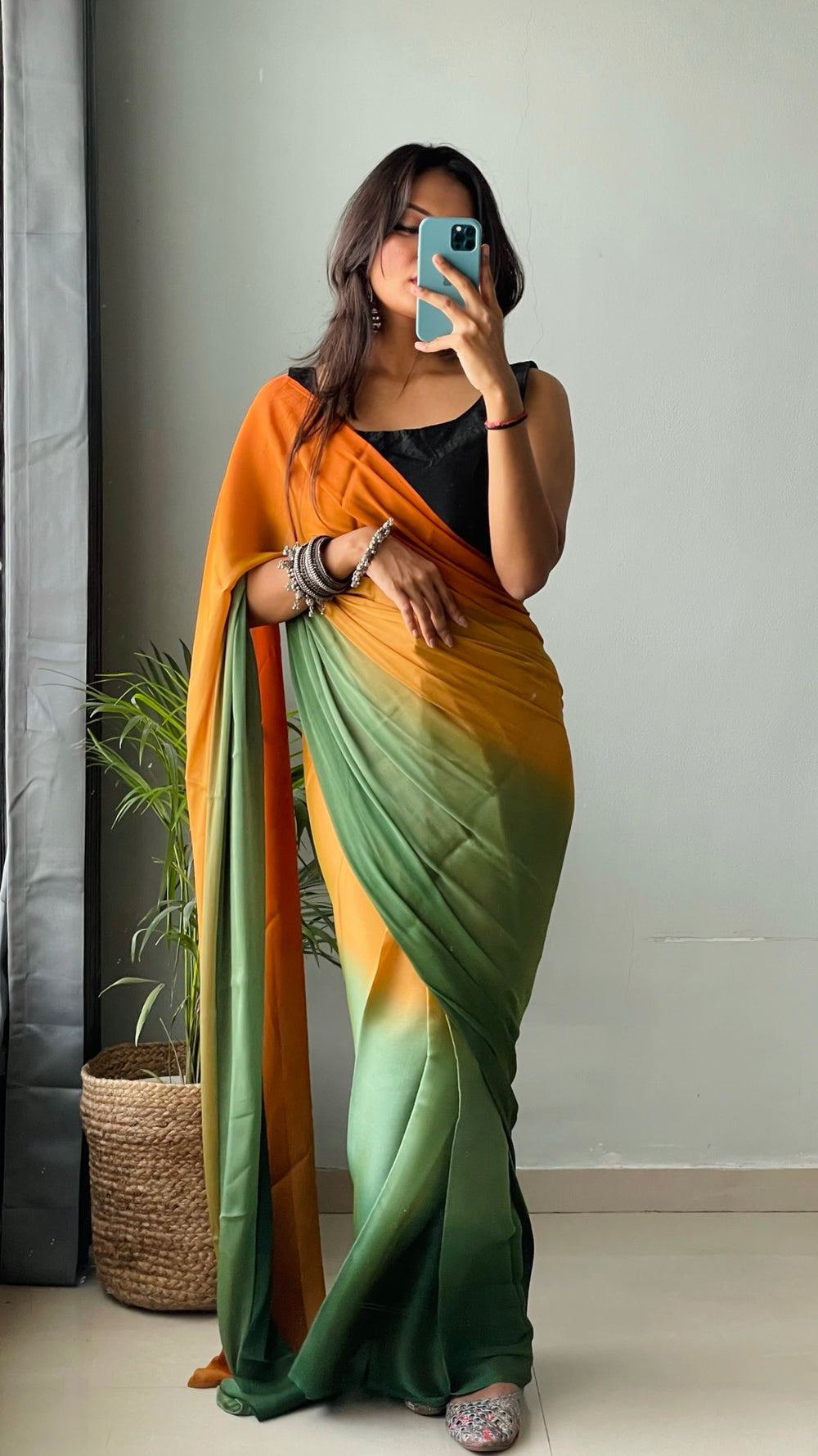 One Minute Ready To Wear Orange & Green Chiffon Silk Saree