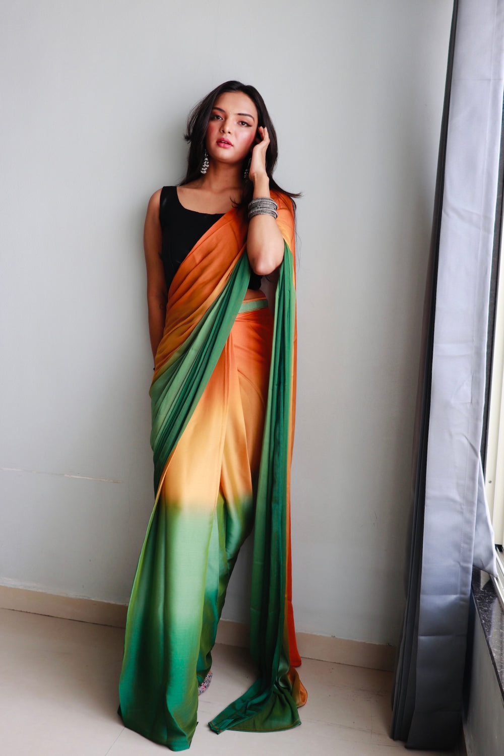One Minute Ready To Wear Orange & Green Chiffon Silk Saree