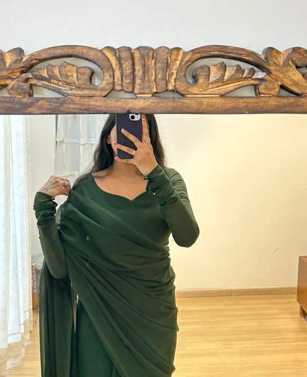 One Minute Ready To Wear Women's Party Green Plain Georgette Saree