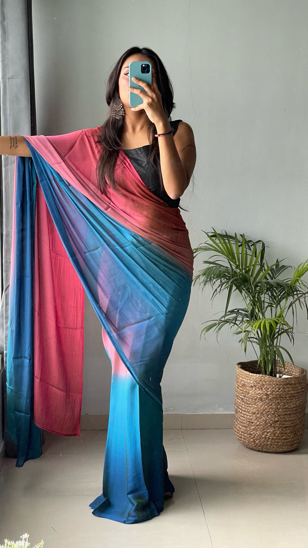 One Minute Ready To Wear Blue & Pink Chiffon Silk Saree