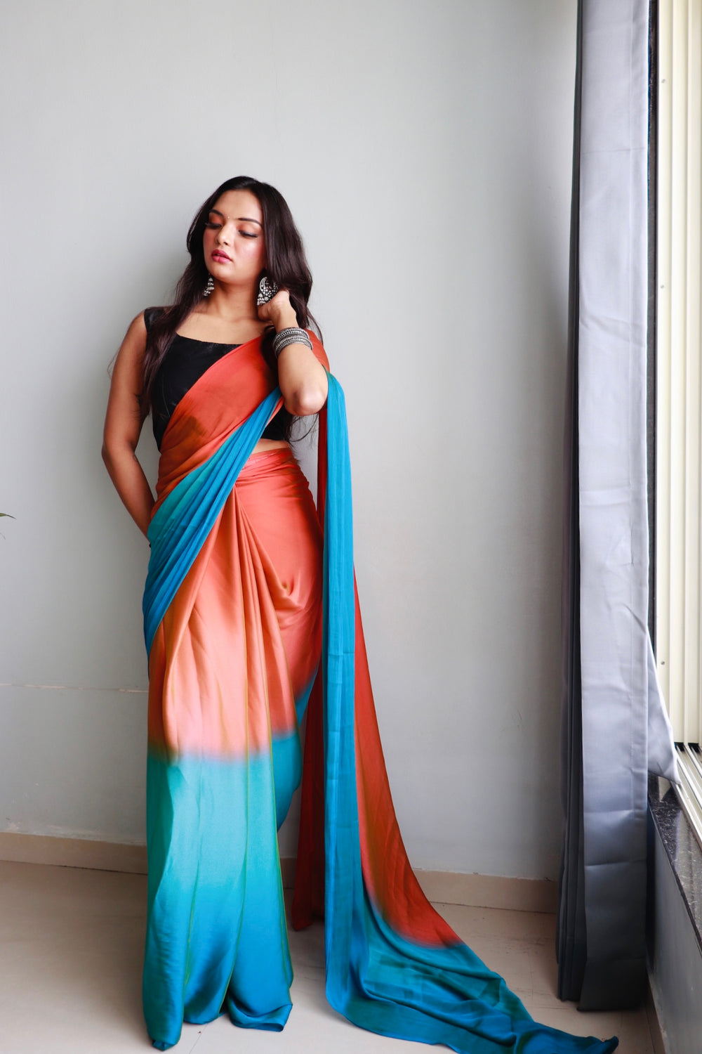 One Minute Ready To Wear Orange & Blue Chiffon Silk Saree