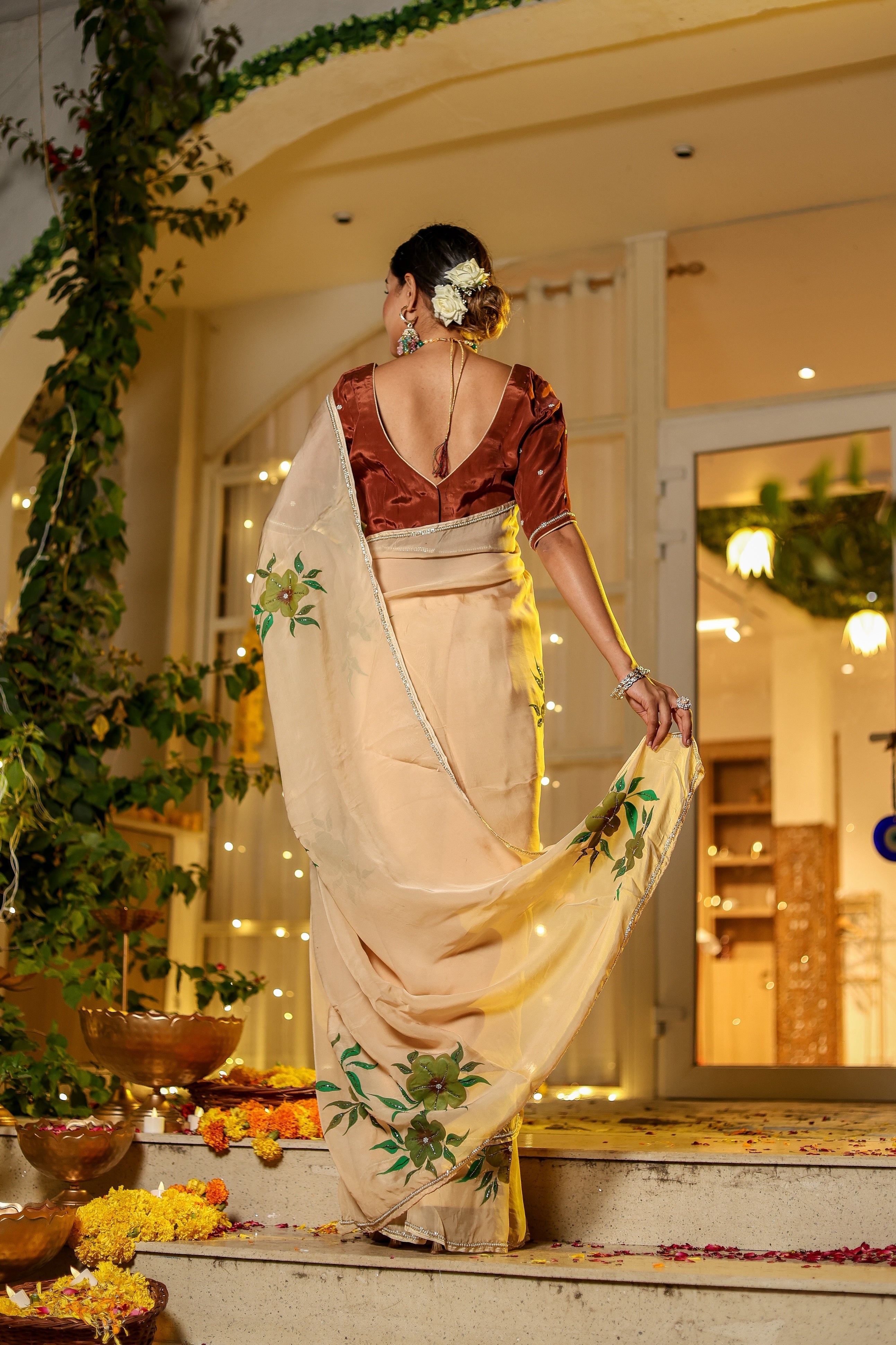 One Minute Ready To Wear Gold Peach Orange Digital Printed Georgette Silk Saree with handwork stiched blouse