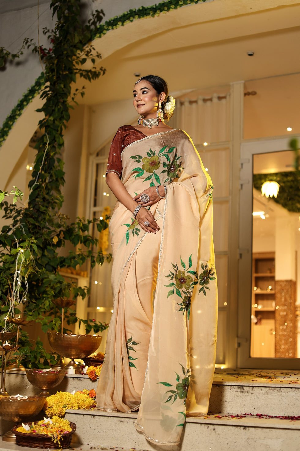 One Minute Ready To Wear Gold Peach Orange Digital Printed Georgette Silk Saree with handwork stiched blouse