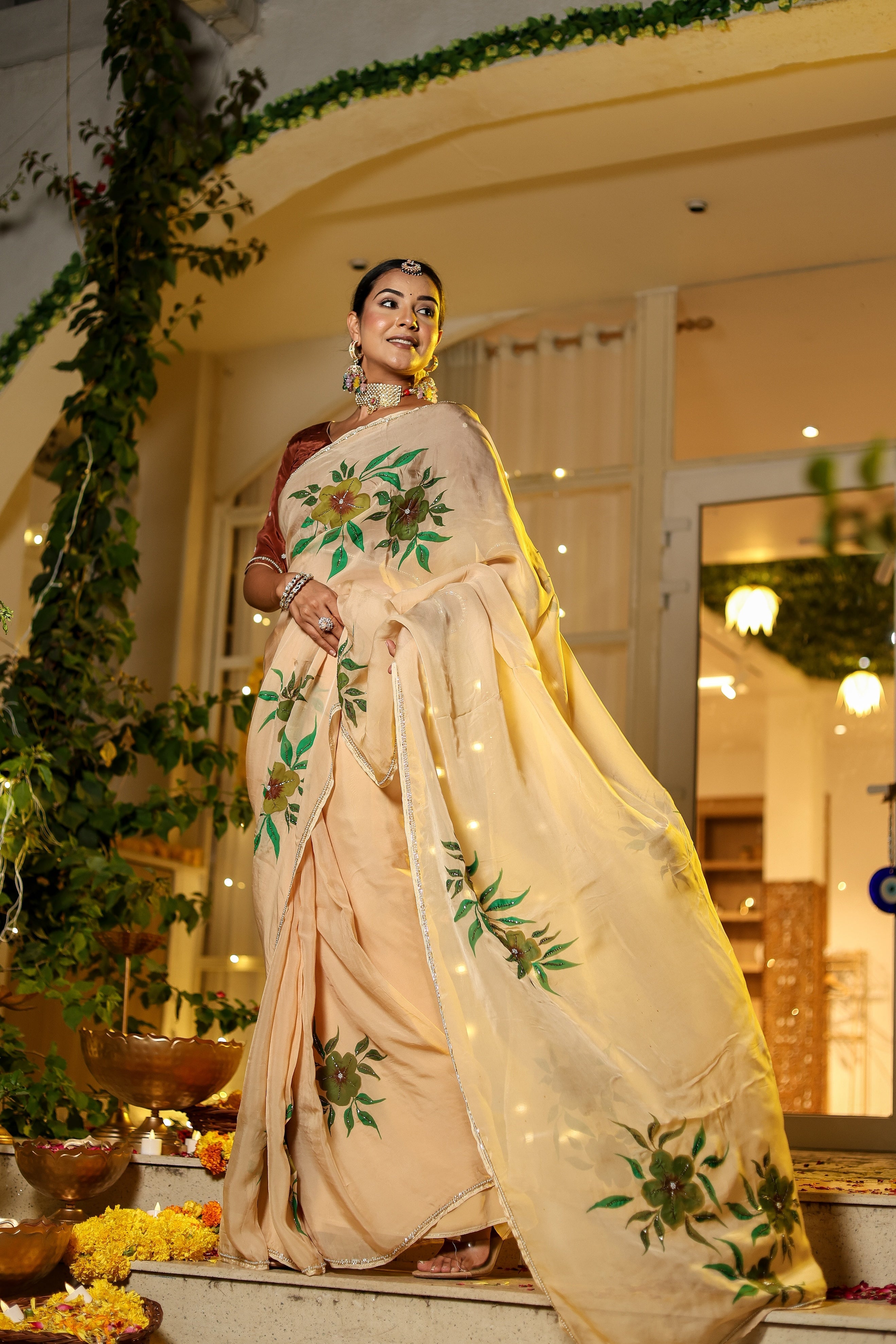 One Minute Ready To Wear Gold Peach Orange Digital Printed Georgette Silk Saree with handwork stiched blouse
