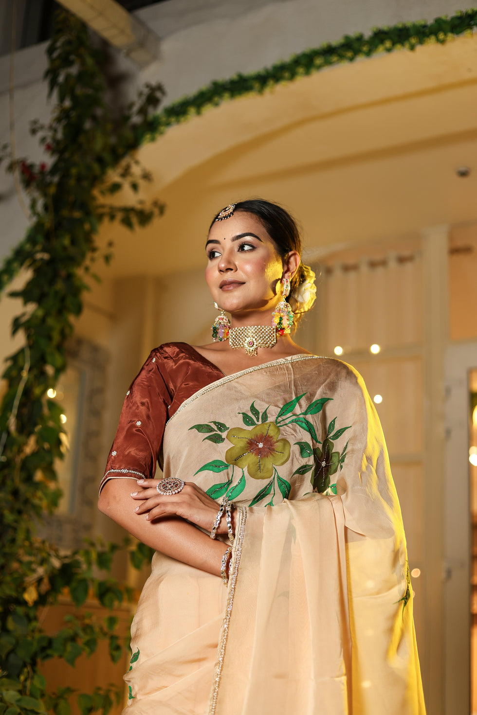 One Minute Ready To Wear Gold Peach Orange Digital Printed Georgette Silk Saree with handwork stiched blouse
