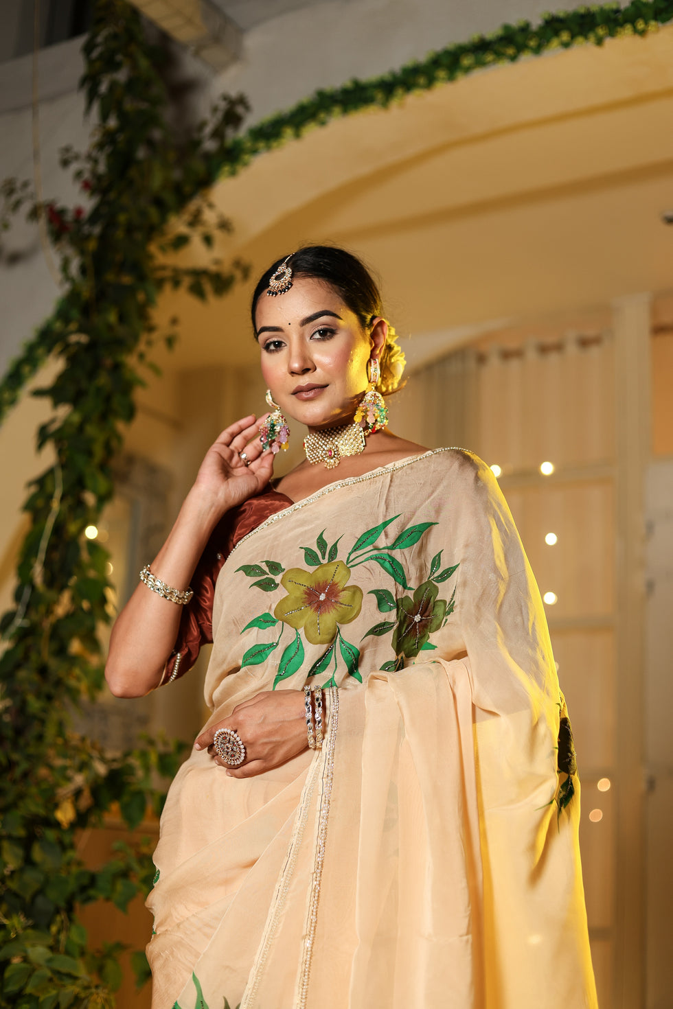 One Minute Ready To Wear Gold Peach Orange Digital Printed Georgette Silk Saree with handwork stiched blouse