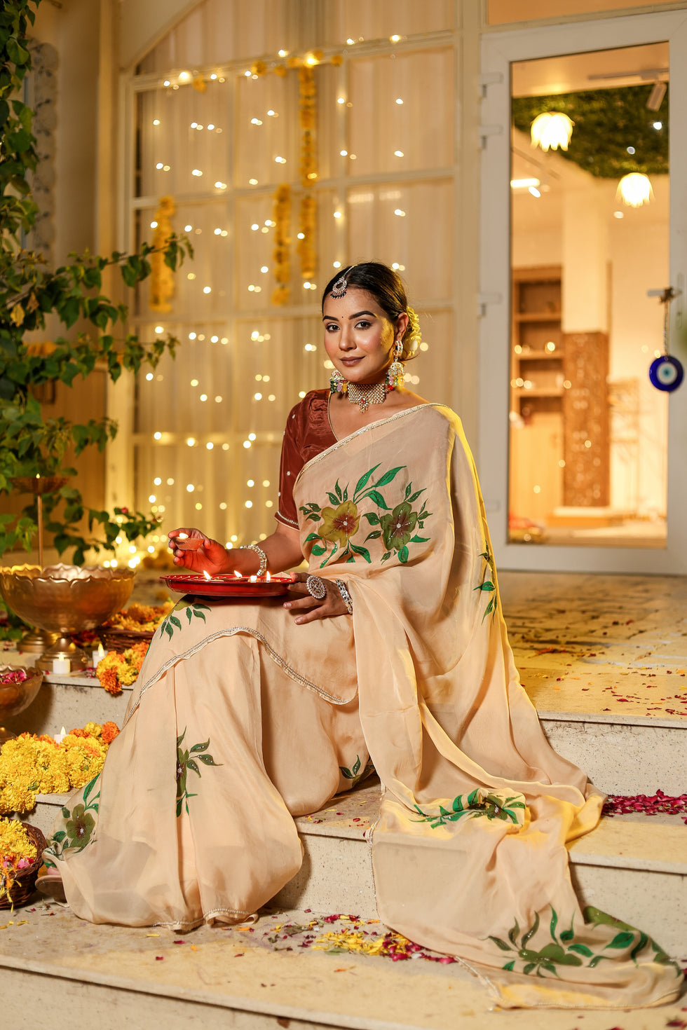 One Minute Ready To Wear Gold Peach Orange Digital Printed Georgette Silk Saree with handwork stiched blouse