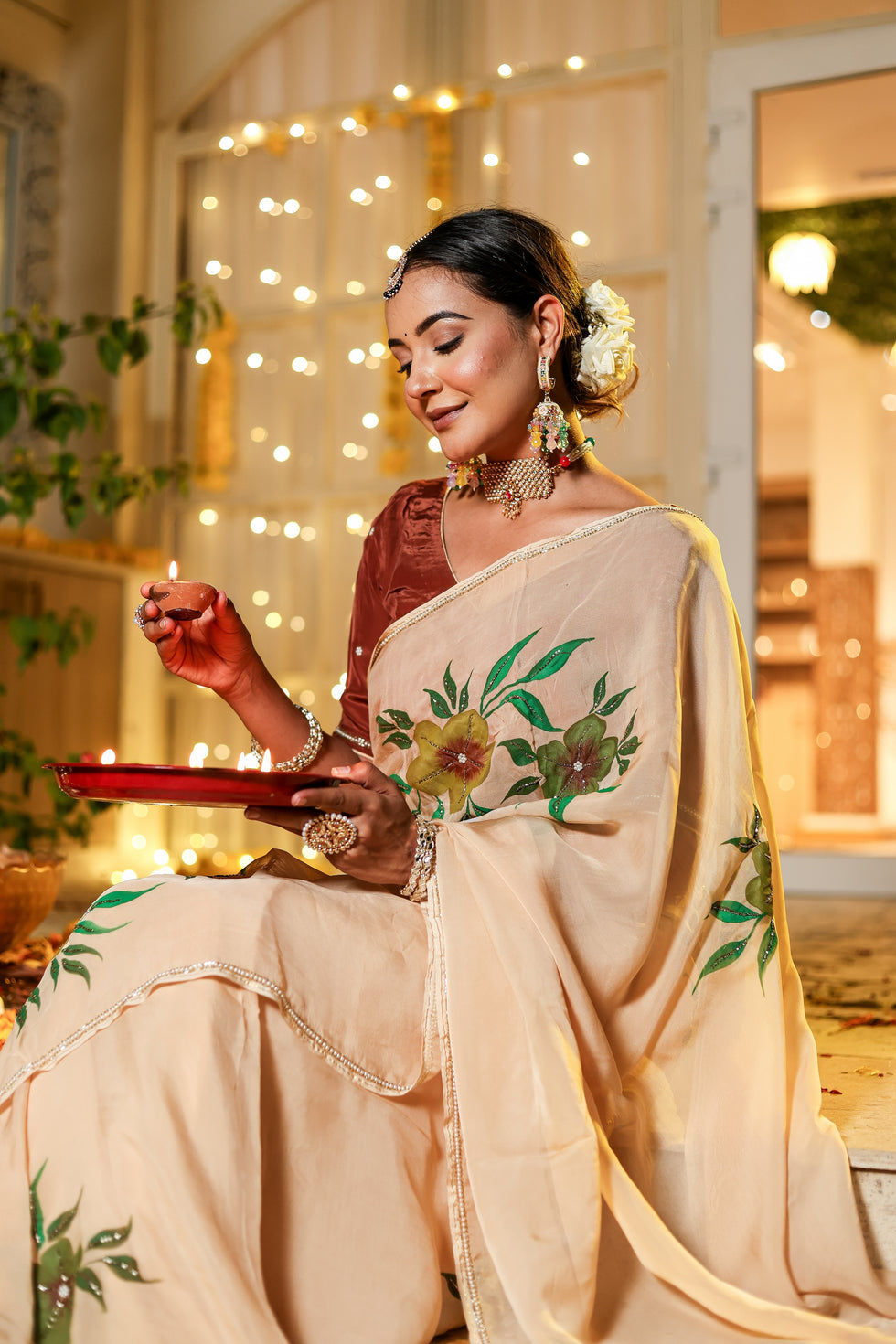 One Minute Ready To Wear Gold Peach Orange Digital Printed Georgette Silk Saree with handwork stiched blouse