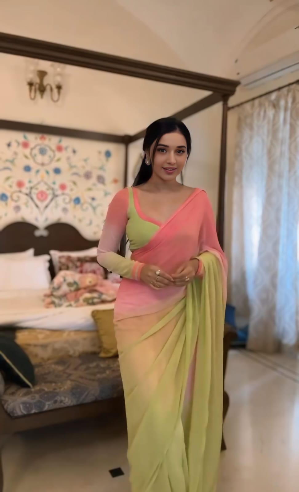 One Minute Ready To Wear Bollywood Blossom Graceful Pink and Green Ensemble Saree with Unstitch Blouse