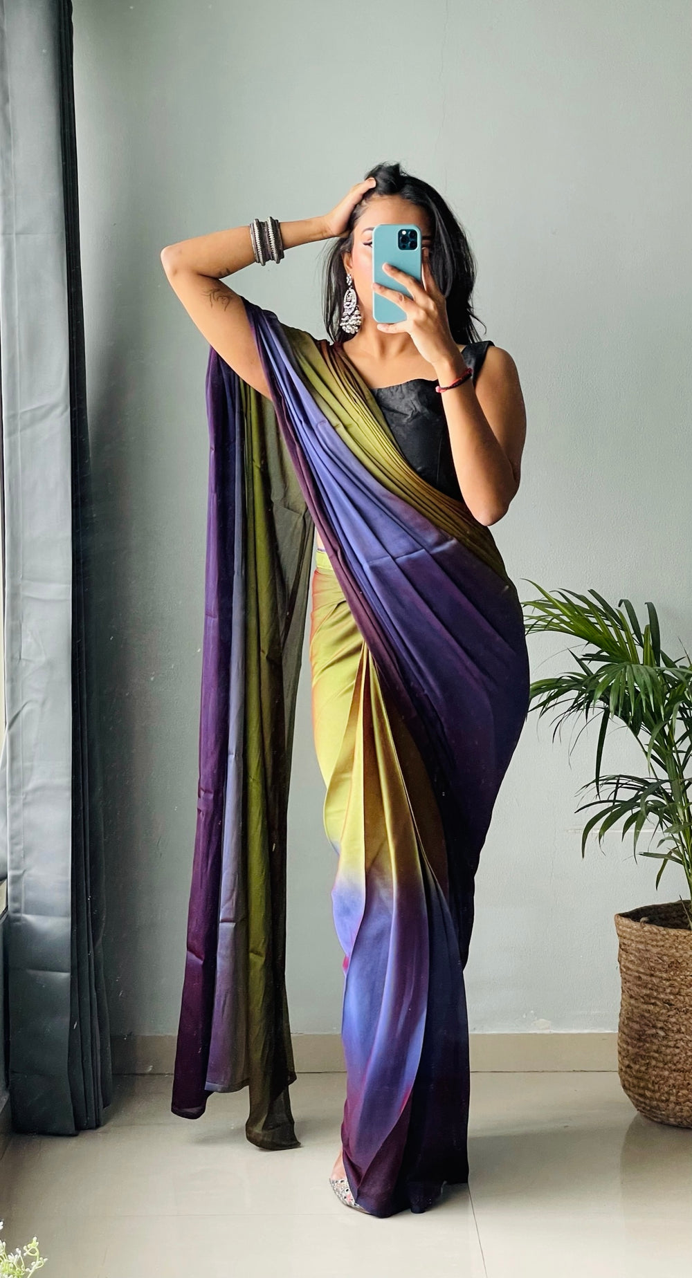 One Minute Ready To Wear Purple & Green Chiffon Silk Saree